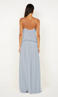 Bec and Bridge Camille Blouson Maxi Dress available for hire at TENN Designer Hire — elegant spring occasion dress featuring a soft neckline, shoe string straps, flowing bodice, and waist band, perfect for weddings or long lunches.