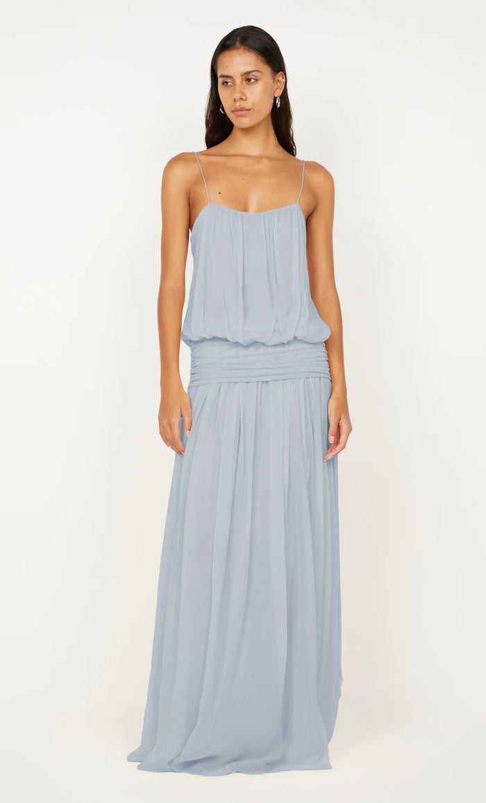 Bec and Bridge Camille Blouson Maxi Dress available for hire at TENN Designer Hire — elegant spring occasion dress featuring a soft neckline, shoe string straps, flowing bodice, and waist band, perfect for weddings or long lunches.