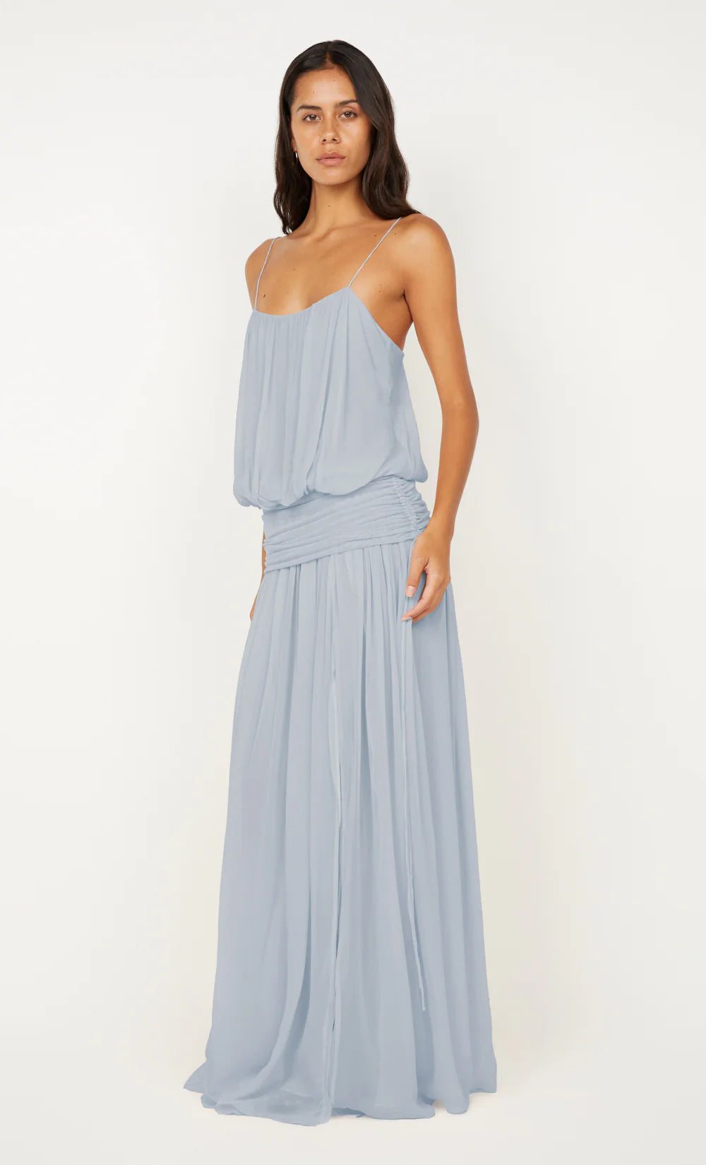 Bec and Bridge Camille Blouson Maxi Dress available for hire at TENN Designer Hire — elegant spring occasion dress featuring a soft neckline, shoe string straps, flowing bodice, and waist band, perfect for weddings or long lunches.
