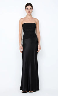 Bec and Bridge Millah Black Strapless Maxi Dress available for hire at TENN Designer Hire — chic and feminine gown with a strapless neckline, pinched waist detailing, and silky skirt that creates an elegant, effortless silhouette.