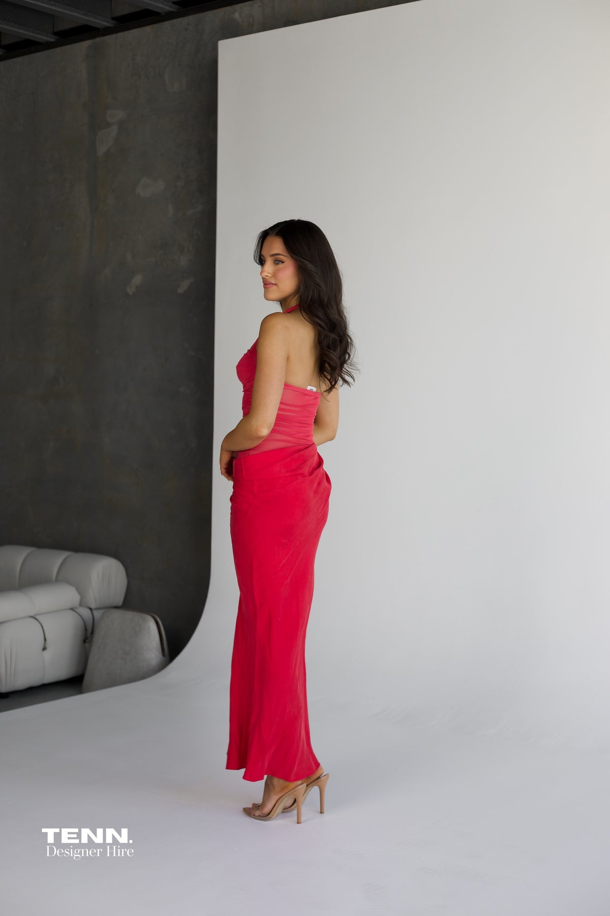 Benni Gina Maxi Dress available for hire at TENN Designer Hire — effortlessly chic summer dress with halter neckline and asymmetric skirt, perfect for long lunches, summer nights, and special occasions.