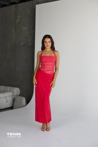 Benni Gina Maxi Dress available for hire at TENN Designer Hire — effortlessly chic summer dress with halter neckline and asymmetric skirt, perfect for long lunches, summer nights, and special occasions.