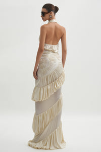 Datt Official Ammonite Dress available for hire at TENN Designer Hire — handcrafted spiral pattern gown featuring a versatile halter neckline and elegant pinched detailing