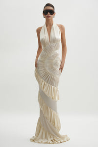 Datt Official Ammonite Dress available for hire at TENN Designer Hire — handcrafted spiral pattern gown featuring a versatile halter neckline and elegant pinched detailing