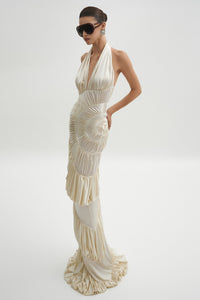 Datt Official Ammonite Dress available for hire at TENN Designer Hire — handcrafted spiral pattern gown featuring a versatile halter neckline and elegant pinched detailing