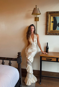 Datt Official Ammonite Ivory Dress available for hire at TENN Designer Hire — handcrafted gown with unique spiral pattern, versatile halter neckline, pinched detailing, as seen on Isabelle Mathers and Sopha Dopha.