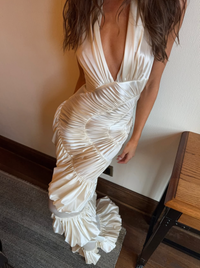 Datt Official Ammonite Ivory Dress available for hire at TENN Designer Hire — handcrafted gown with unique spiral pattern, versatile halter neckline, pinched detailing, as seen on Isabelle Mathers and Sopha Dopha.