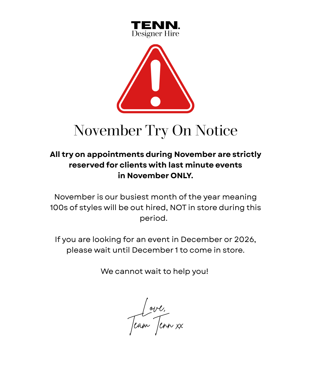 TENN Designer Hire try on service — note to check dress hire availability for November bookings and preorders