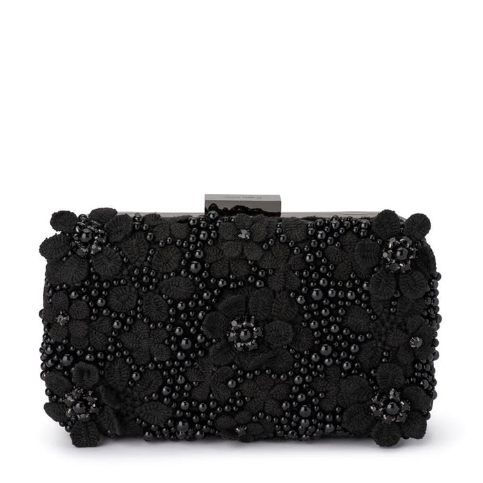Olga Berg Beth Encrusted Clutch available for hire at TENN Designer Hire — elegant and feminine clutch featuring hand-encrusted flower crystal detailing, perfect for formal events and special occasions.