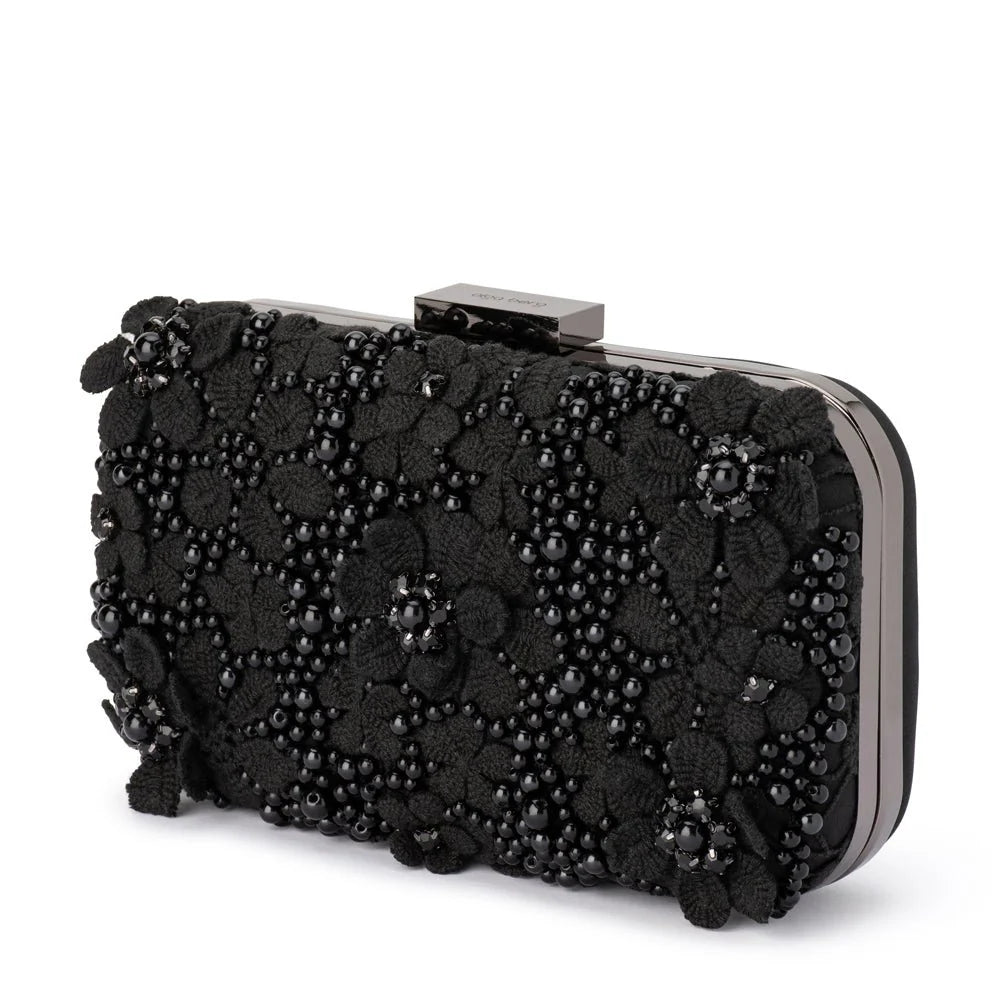 Olga Berg Beth Encrusted Clutch available for hire at TENN Designer Hire — elegant and feminine clutch featuring hand-encrusted flower crystal detailing, perfect for formal events and special occasions.