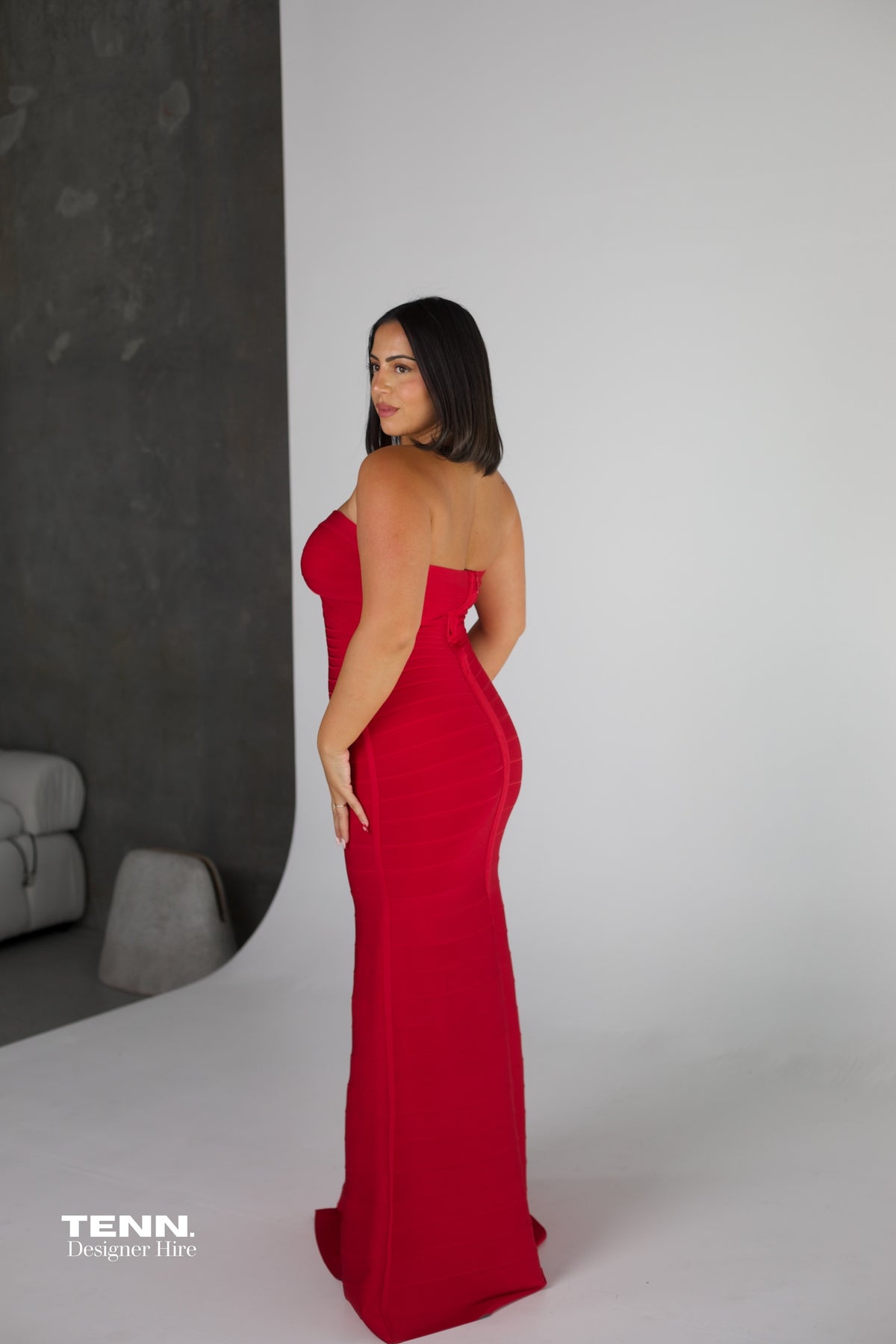 herve leger red strapless dress THE SARA GOWN