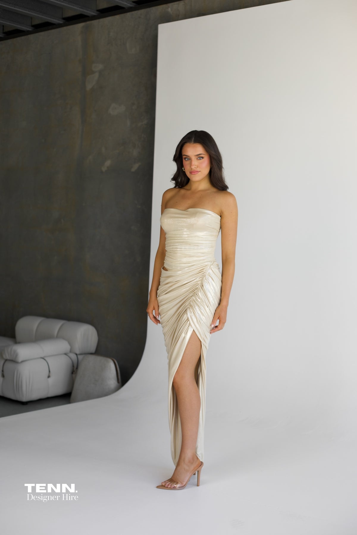 Albina Dyla gold formal dress
