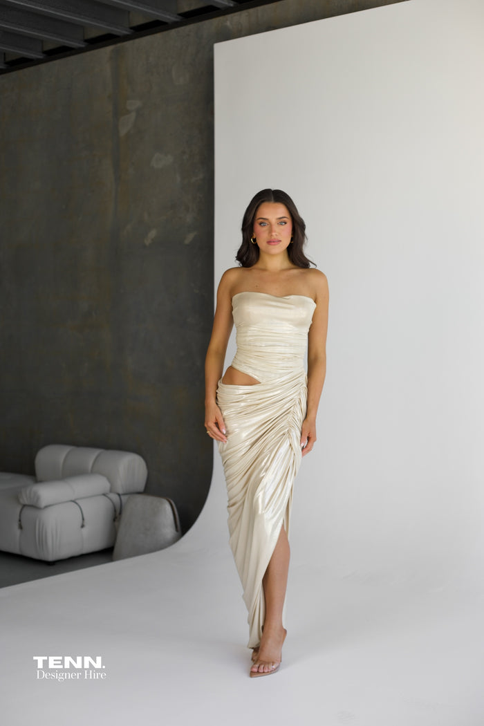 Albina Dyla gold formal dress