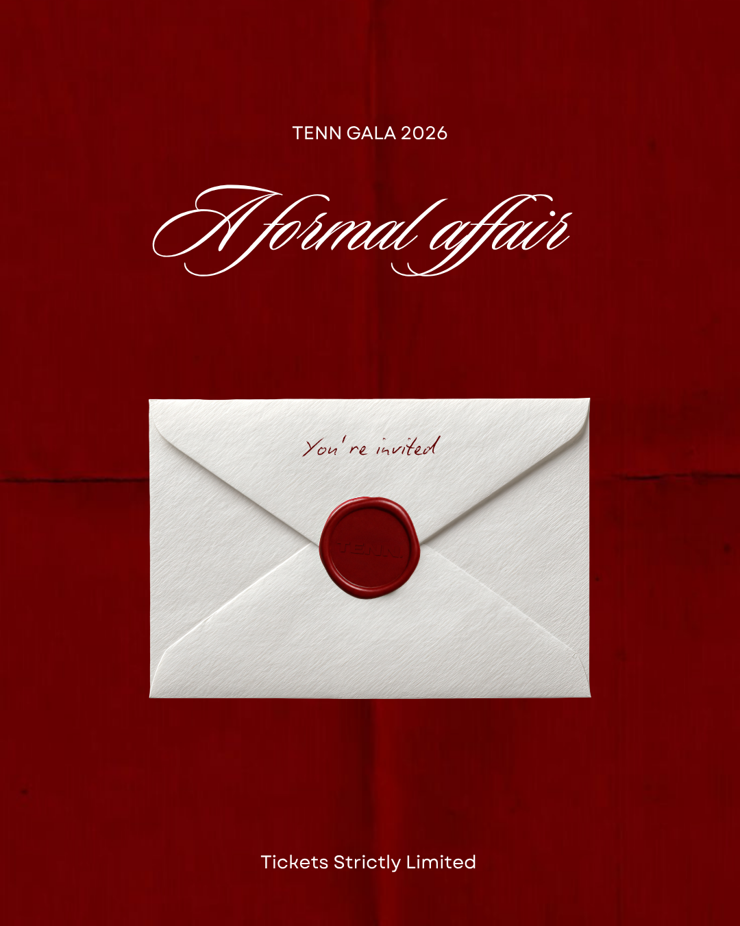 Invitation card with a white envelope and red wax seal on a red background, featuring text for Tenn Gala 2026.