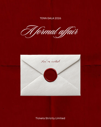 Invitation card with a white envelope and red wax seal on a red background, featuring text for Tenn Gala 2026.