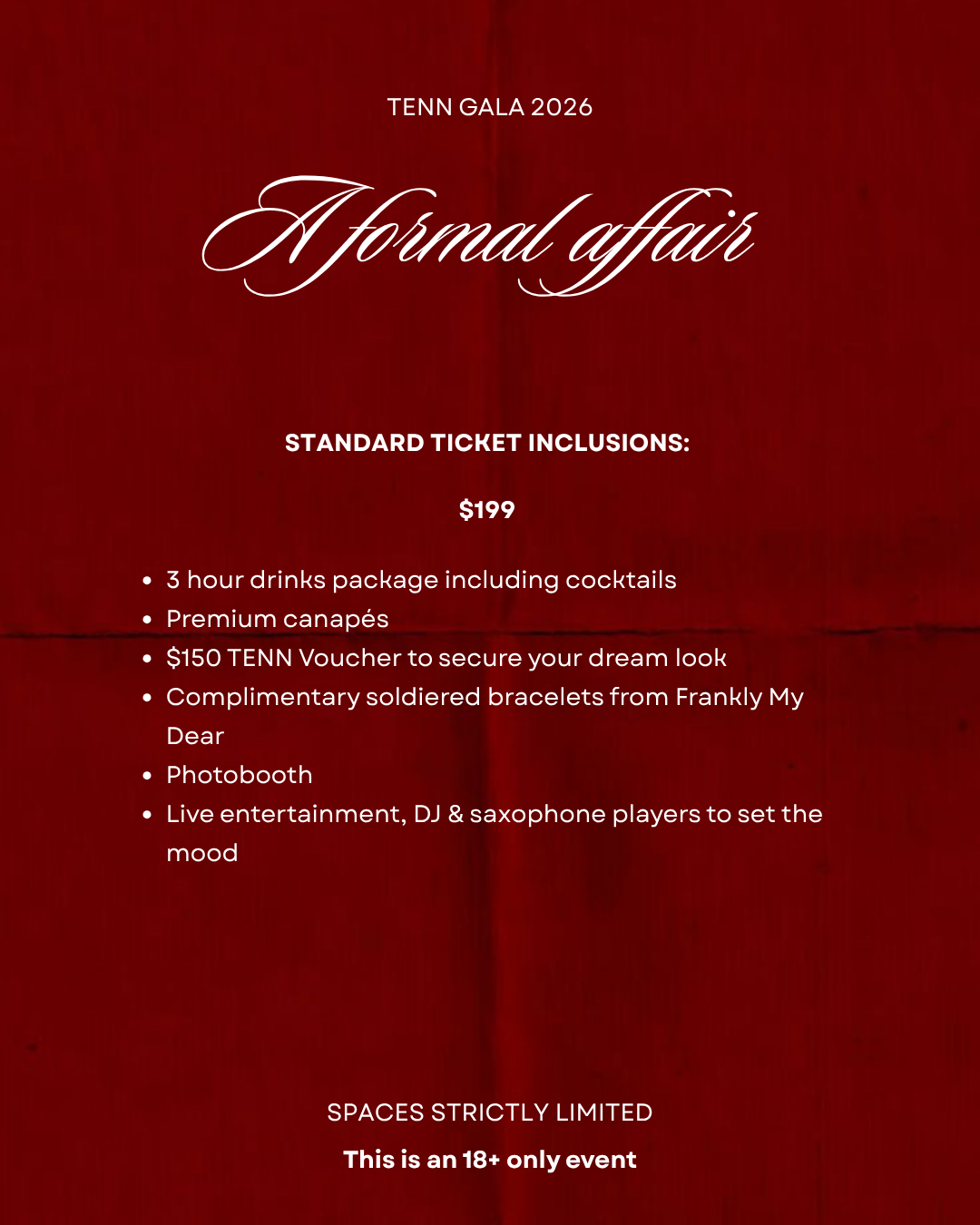 Promotional flyer for Tenn Gala 2026 with ticket details on a red background