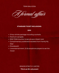 Promotional flyer for Tenn Gala 2026 with ticket details on a red background