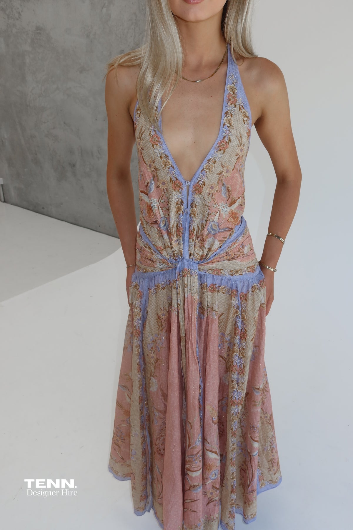 Zimmermann Indra Plunge Halter Maxi Dress Open Back Dress TENN Designer Hire