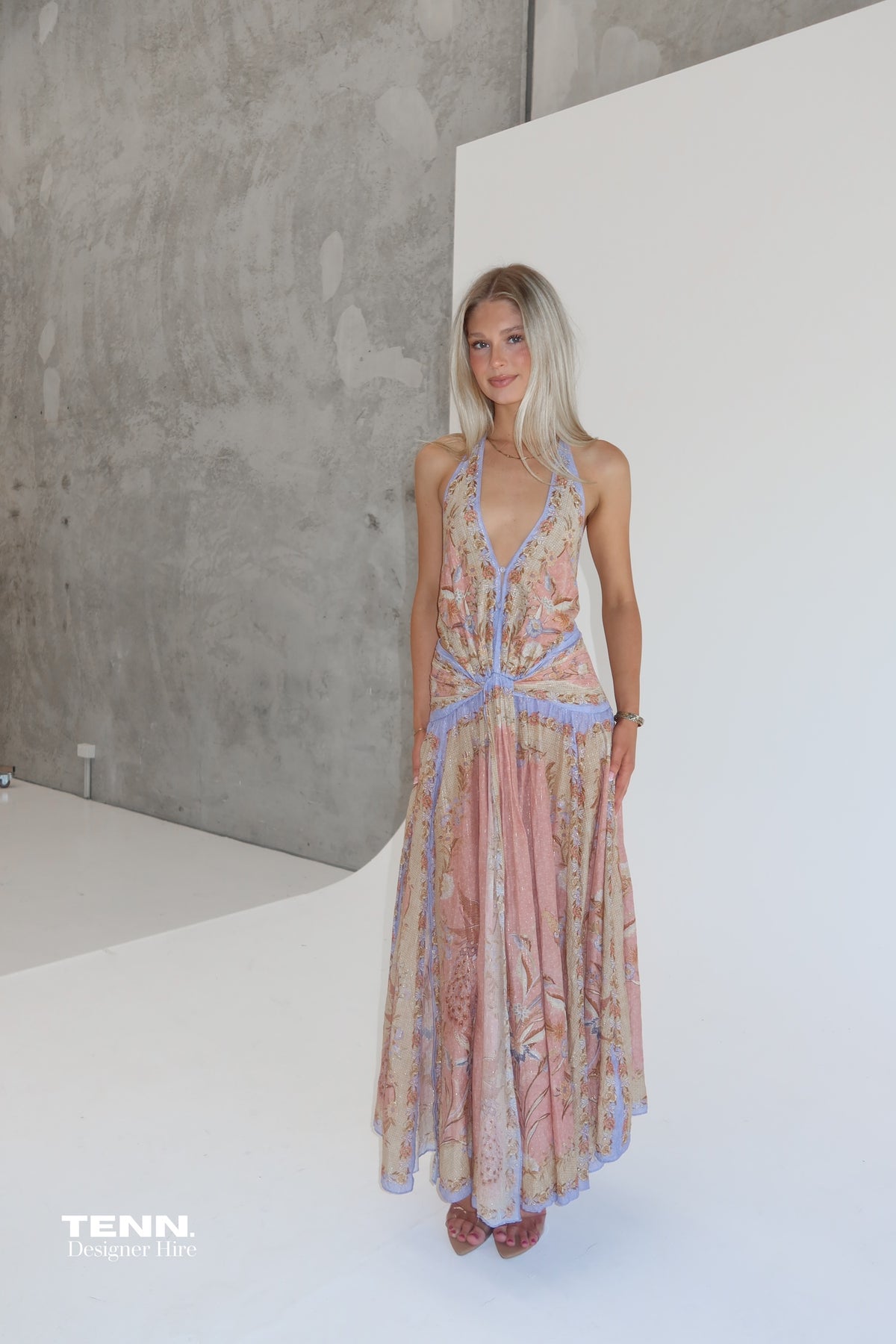 Zimmermann Indra Plunge Halter Maxi Dress Hire  TENN.