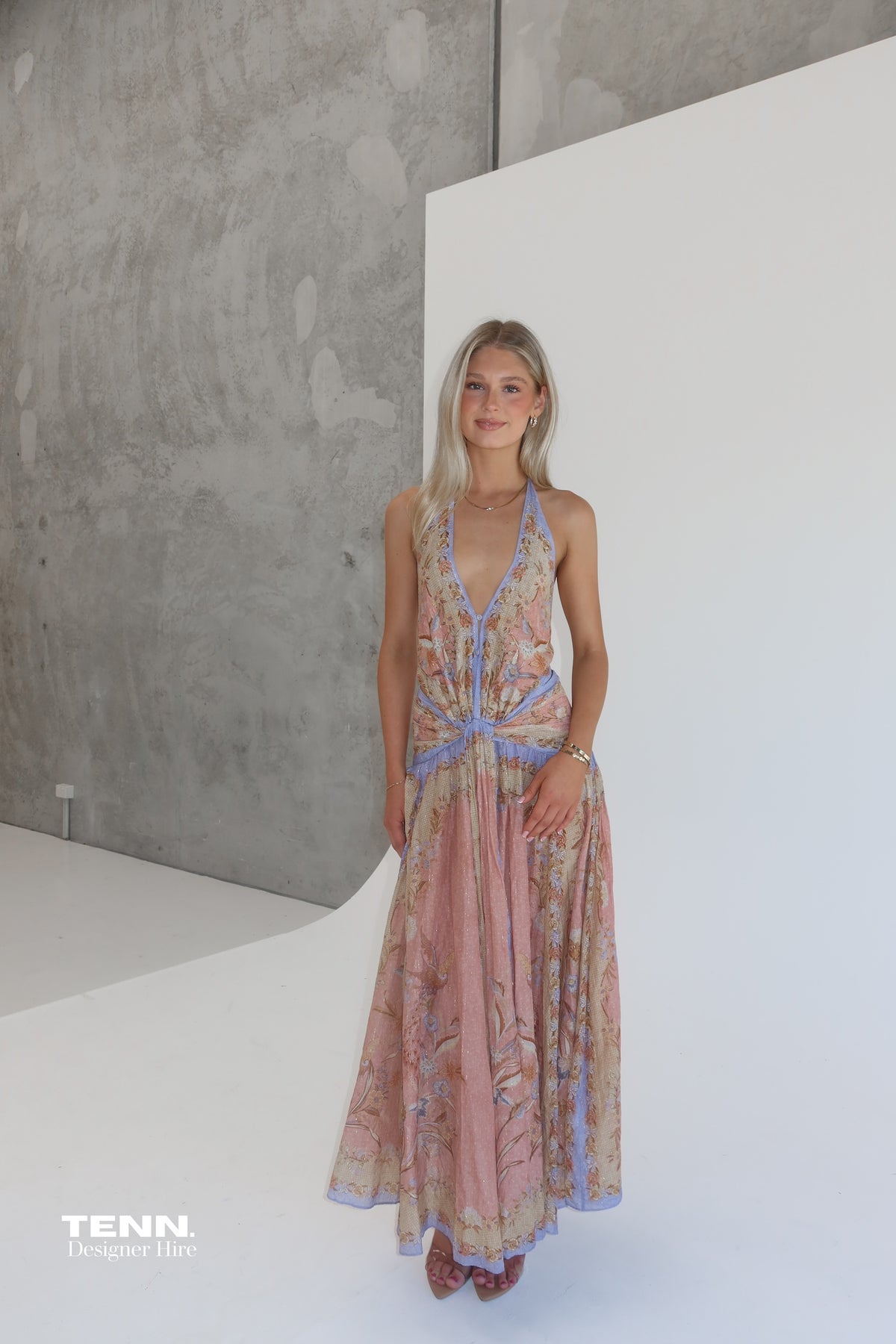 Zimmermann Indra Plunge Halter Maxi Dress TENN Designer Hire