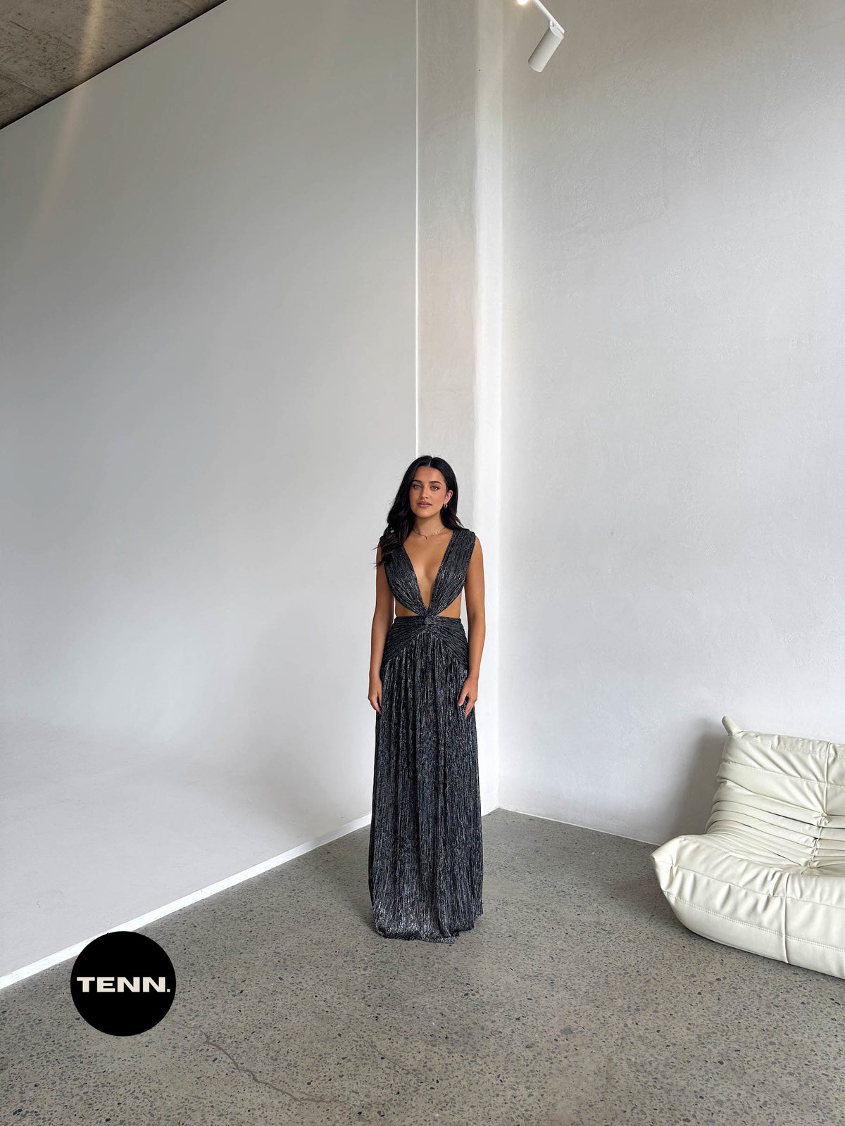 Patbo Lurex Cut Out Gown Hire –