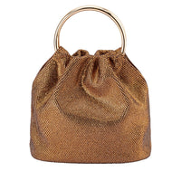 Olga Berg Mabel Crystal Bag featuring bronze and copper crystal embellishments with a gold top handle, photographed against a clean studio background.