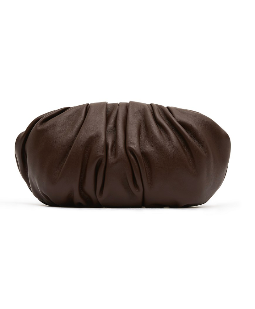 Aje Arden Clutch in brown leather with organic link hardware detailing, luxury designer bag available for hire from TENN Designer Hire.