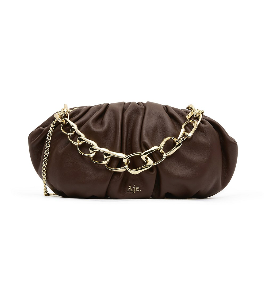 Aje Arden Clutch in brown leather with organic link hardware detailing, luxury designer bag available for hire from TENN Designer Hire.