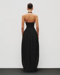 Heiress Beverly Hills Halter Corset Gown featuring a halter neckline, cinched corseted waist and flowing chiffon skirt, elegant formal dress available for hire from TENN Designer Hire.