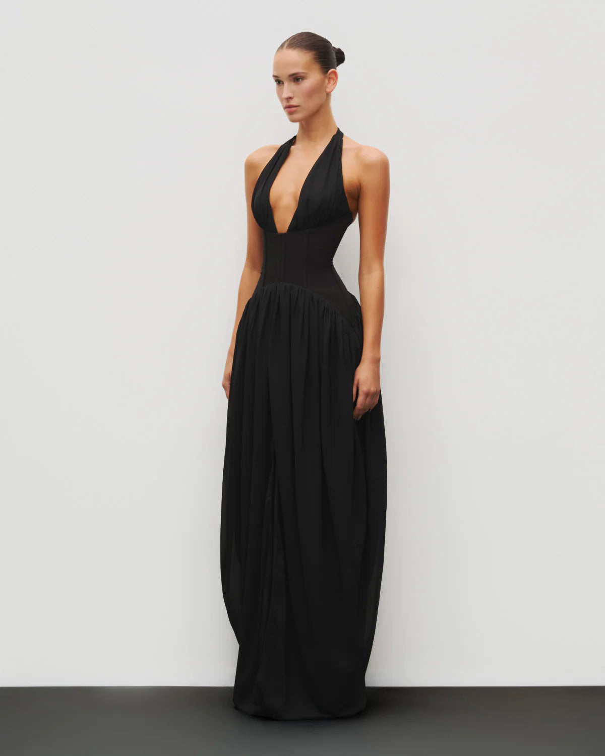 Heiress Beverly Hills Halter Corset Gown featuring a halter neckline, cinched corseted waist and flowing chiffon skirt, elegant formal dress available for hire from TENN Designer Hire.