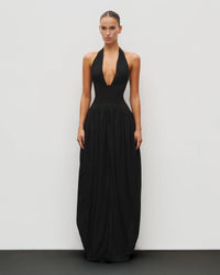 Heiress Beverly Hills Halter Corset Gown featuring a halter neckline, cinched corseted waist and flowing chiffon skirt, elegant formal dress available for hire from TENN Designer Hire.