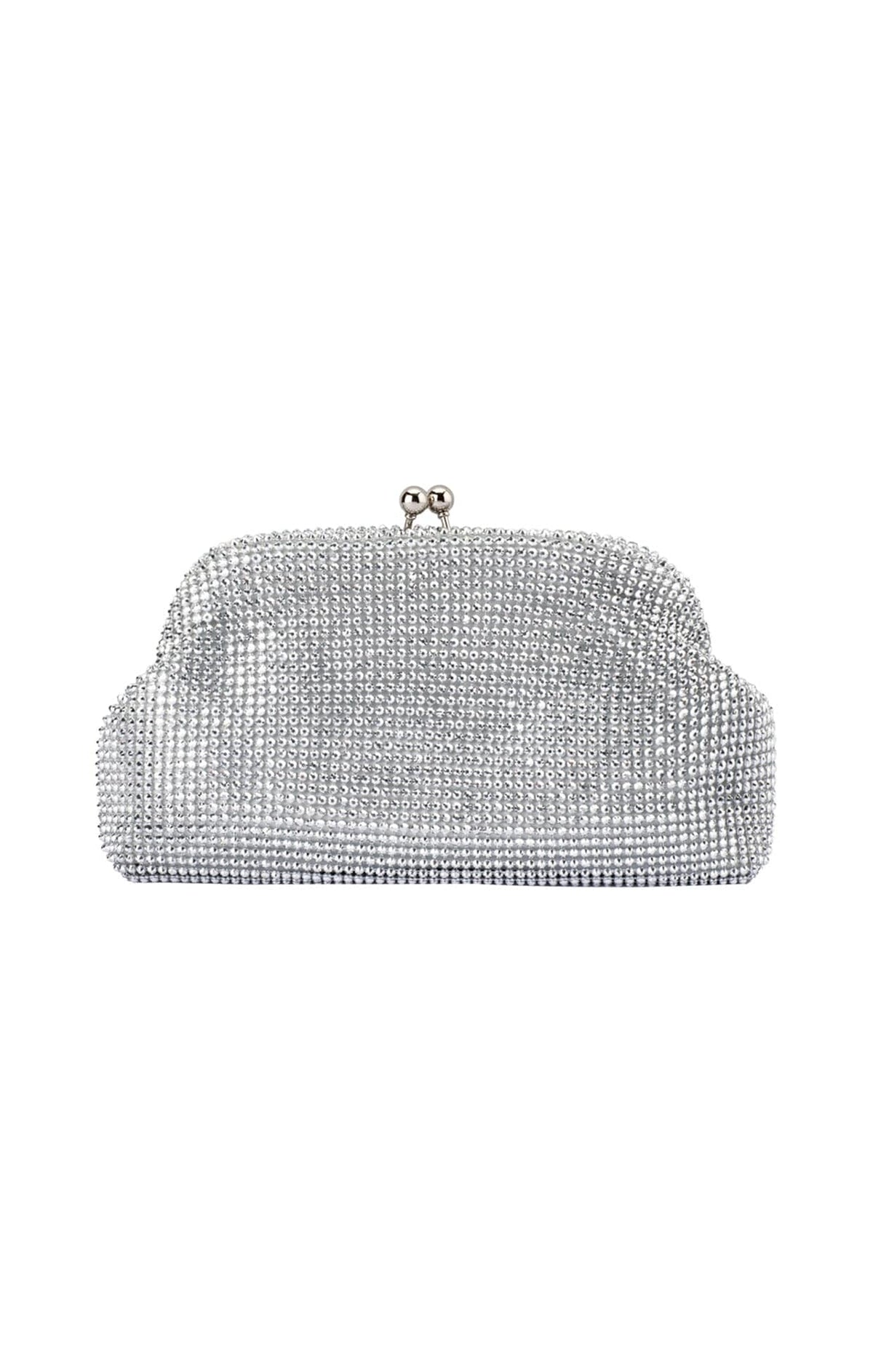 Olga Berg Ela Frame Clutch featuring silver crystal embellishments and silver hardware, elegant designer clutch available for hire from TENN Designer Hire.
