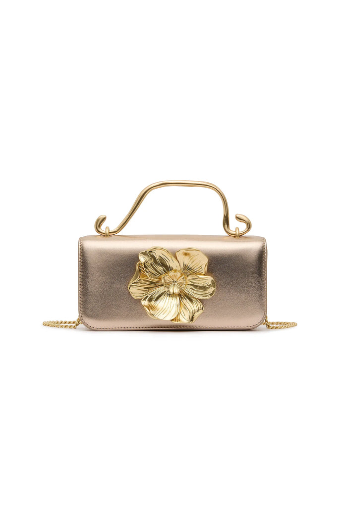 Aje Alessia gold flower clutch, 100% leather evening bag with gold top handle, perfect designer accessory for special events and parties.